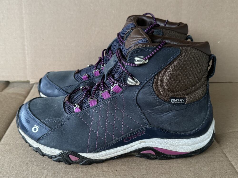 Oboz Sapphire Mid BDry Waterproof Leather Hiking Boot Navy Purple Women Size 8.5